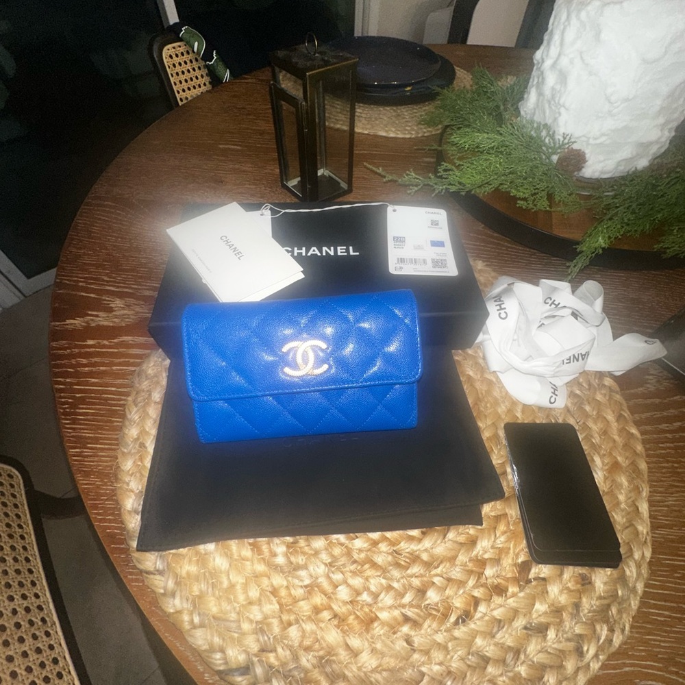 22B Blue Flap Chanel Caviar Quilted Studded Medium Wallet